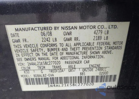 2008 Nissan Altima 2.5 S from USA, damaged, VIN 1N4AL21E58C277020
